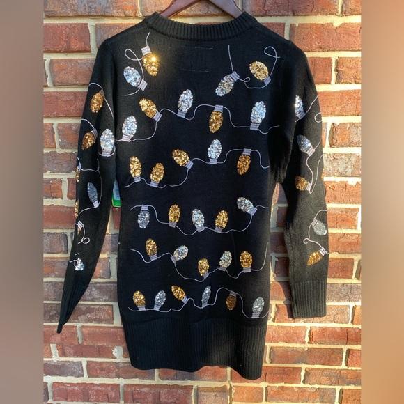 TIPSY ELVES SMALL WOMEN'S CHRISTMAS LIGHT STRAND SEQUIN SWEATER DRESS BLACK KNIT - Picture 7 of 8